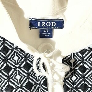 Izod Womens White Black Embroidered Peasant Blouse Tassel Tie Top IF1002 Large